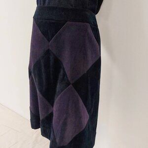 Vintage Y2K Black/Plum Faux Suede, Harlequin Diamond, Midi Skirt Size: 14